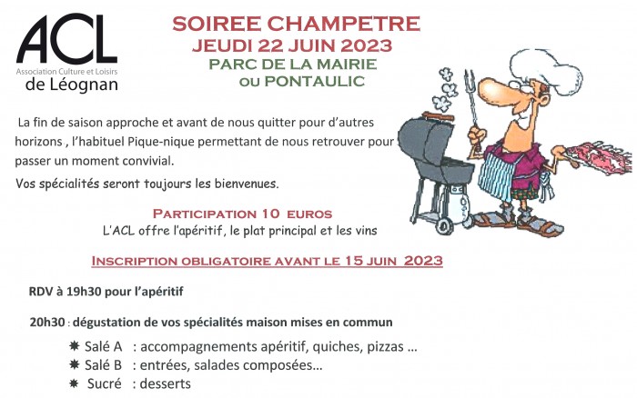 Repas Champêtre jeudi 22 juin. Parc de la Mairie OU Pontaulic. Apéritif, plat principal et vins offerts !